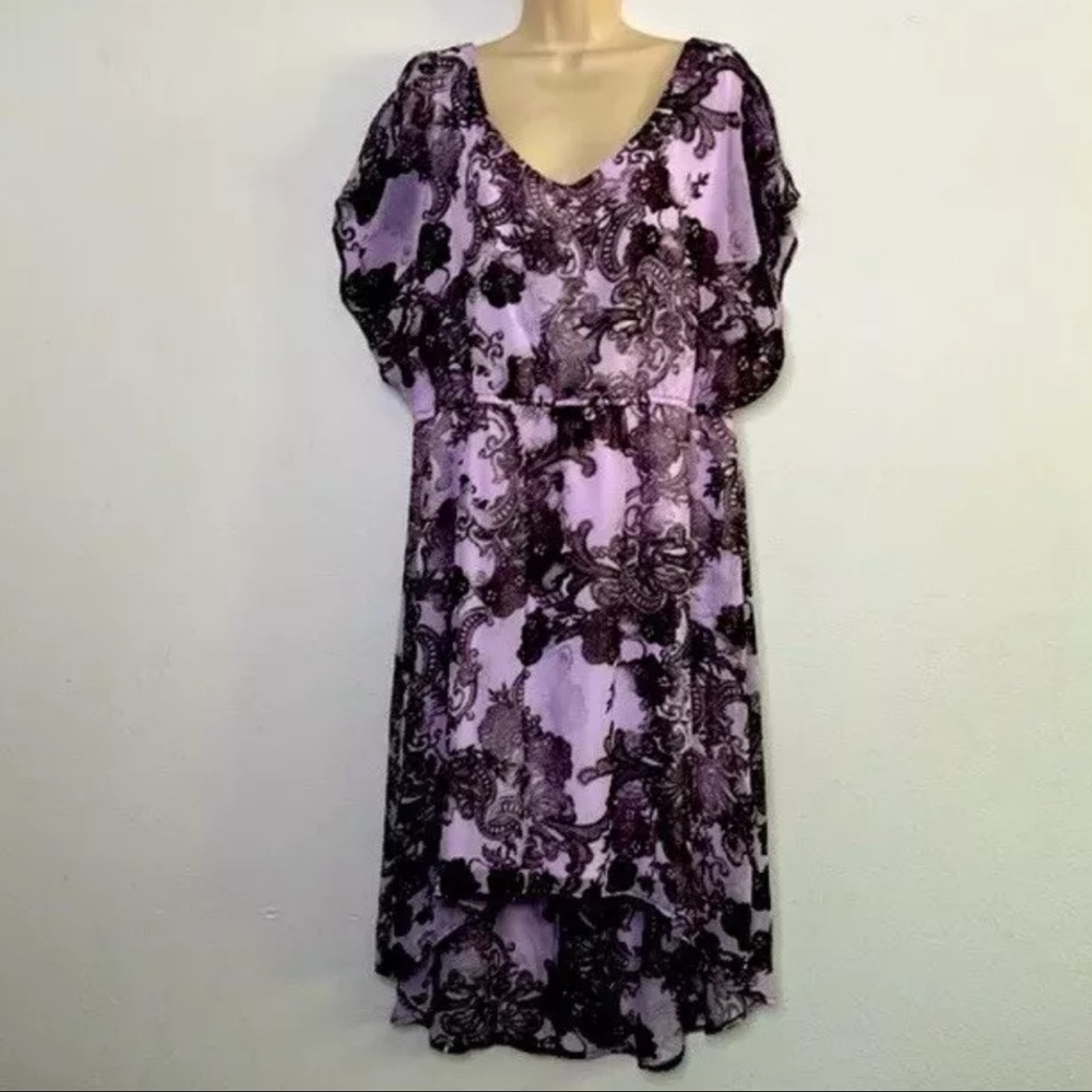 Forgiveness 1X Antique Paisley Sheer Overlay Dress Peek a Boo Sleeve Hi Low Midi